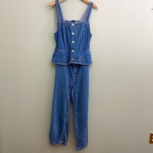 We The Free Blue Denim Button-Front Jumpsuit Romper